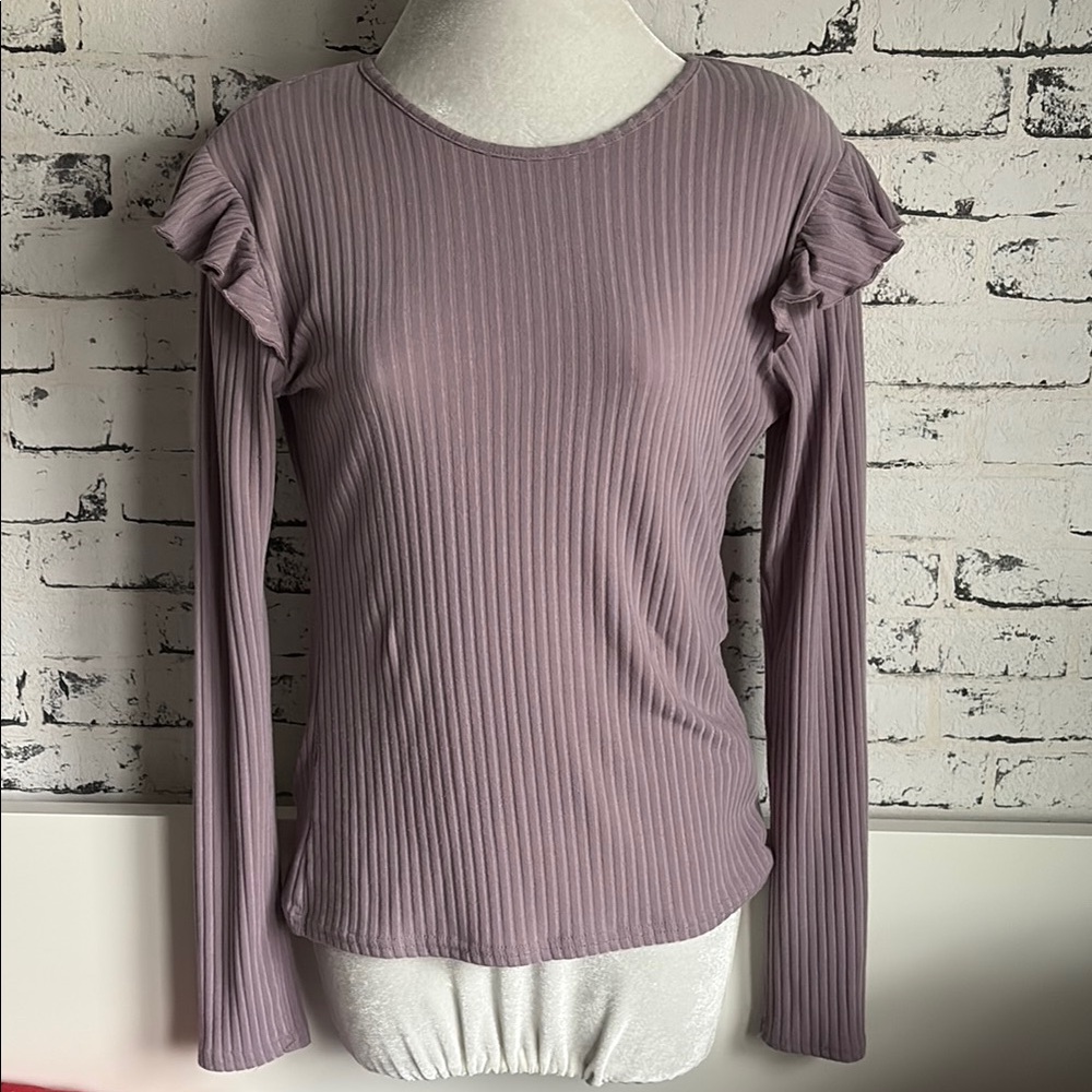 New Look Purple Ribbed Ruffled Long Sleeve Blouse